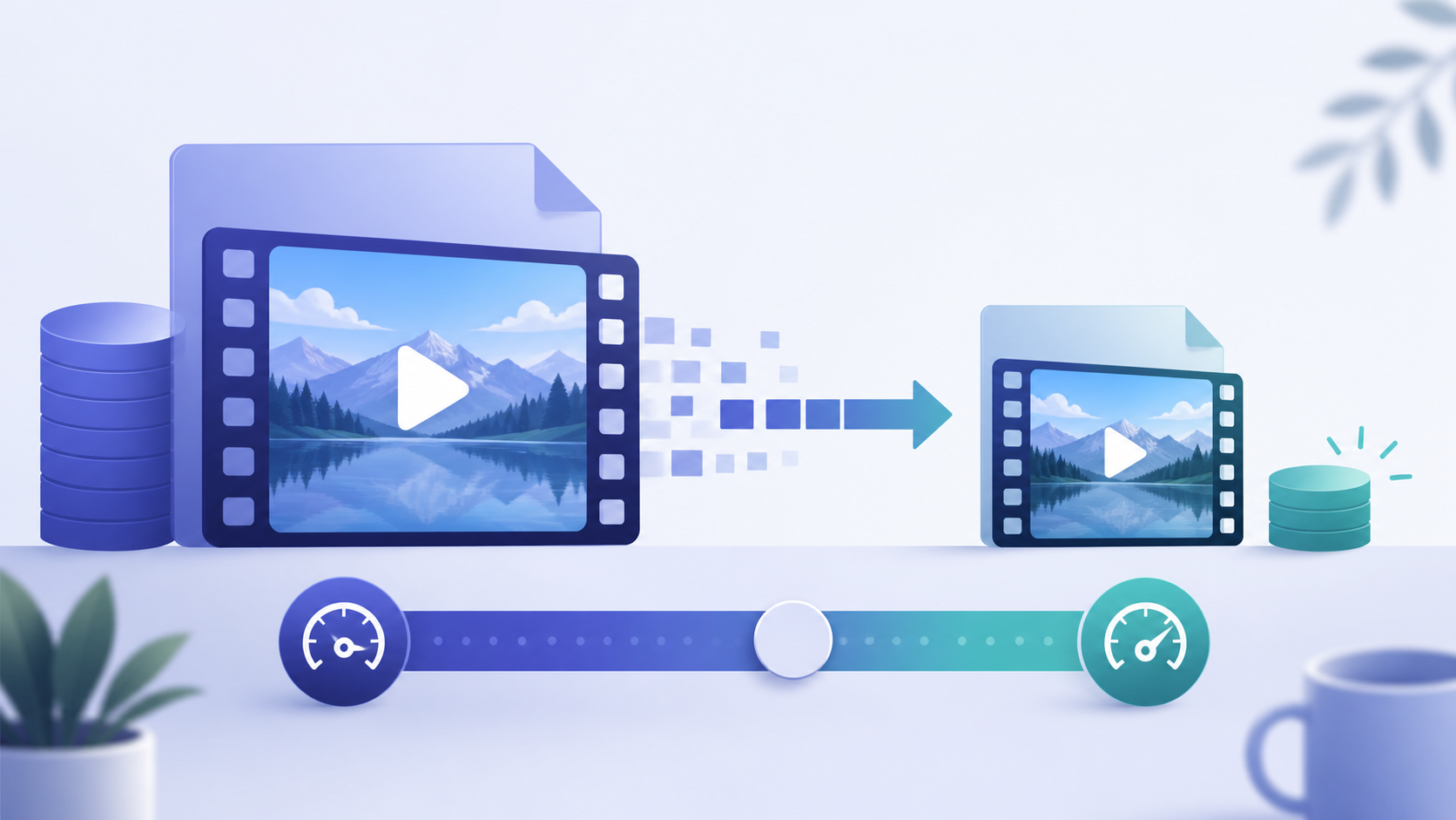Abstract workflow showing a large video file becoming a smaller shareable file